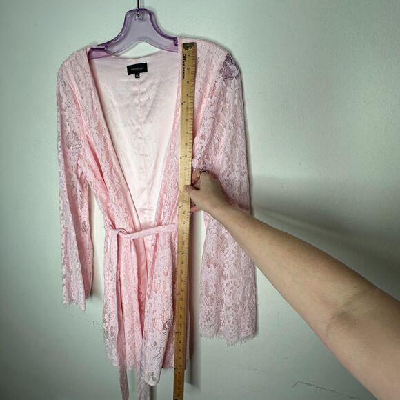 Marjorelle Pale Pink Lace Long Sleeve Tie Waist Kimono Wrap Mini Dress Robe M - Picture 11 of 12